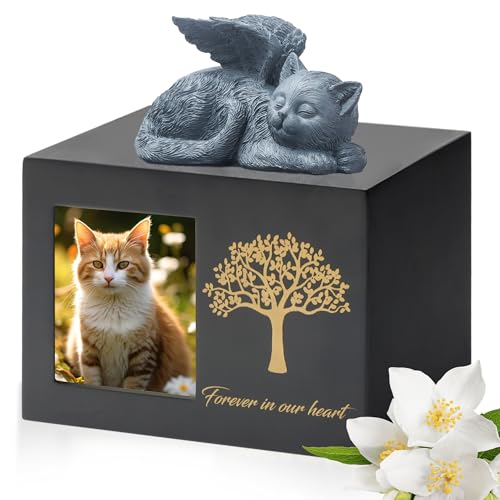 DiDiBirDi Tierurnen für Katze,Haustier Einäscherung Box,Katze Urne für Asche,Schwarze Katze Urnen aus Holz für Asche,Wird mit Einer Katzenstatue aus Kunstharz und einem Samtbeutel zur Aufbewahr