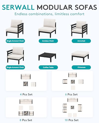 Image of SERWALL HDPE Outdoor Furniture Set, 10 Pieces Patio Sectional Sofa Set | All-Weather Wood-Like Outdoor Sofa Couch with Coffee Table, Modular Design for Flexible Combination