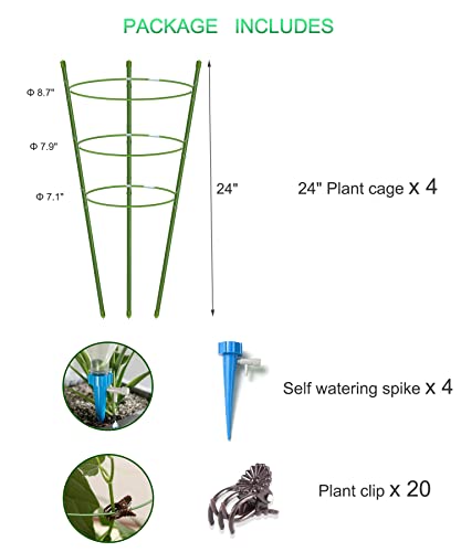 4 Pack Garden Plant Support Tomato Cage, Upgrade 24" Trellis For Climbing Plants, Plant Trellis Kits With 4 Self Watering Spikes And 20 Plant Clips (24") #TOP5