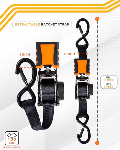 Strapinno 4pcs Retractable Ratchet Straps Bundle 1 in x 6 ft, Secure Tie-Downs with Rubber-Coated Steel Handles, S-Hooks & Durable Hardware for Daily Use with Breaking Strength - 1,500LBS/680KG Each
