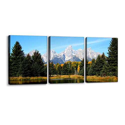 Pacimo 3 Pieces Canvas Art Wall Decor Grand Teton National Park Pictures Natural Landscape Painting Pond Prints on Canvas Modern Artwork Stretched and Framed Ready to Hang - 12" x 16" x 3