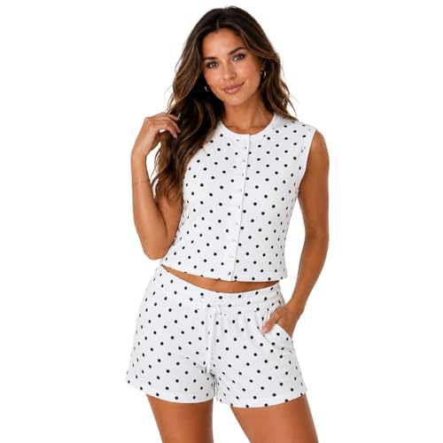 Ensemble deux pièces pour femme à pois avec haut boutonné et short d'été réglable