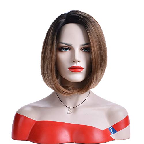 GNIMEGIL Cool Brown Short Bob Wigs for Women Fashion Haircut Straight Synthetic Hair Wigs Pre-Plucked with Natural Hairline Glueless Full Wigs for Daily Costume Party Wear
