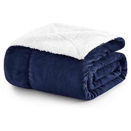MOONLIGHT20015 Sherpa Fleece Twin Blanket - (Navy, 60X80 Inches) Warm and Fluffy Blankets for Winter - Reversible Thick and Cozy Twin Size Blankets for Bed, Camping and Travel