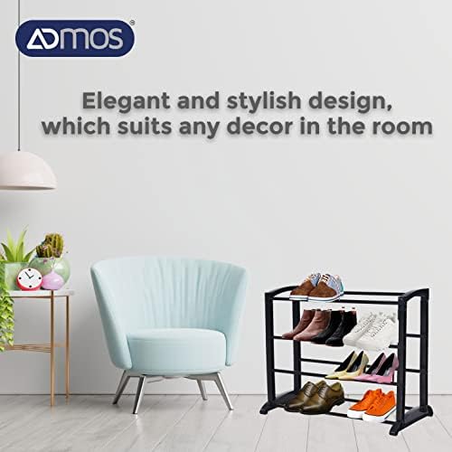 ADMOS 4 -Tier Expandable Shoe Rack | Heavy Duty Metal Shoe Rack | Space Saving Shoe Standing Tower | No Tools Required And Quick Assembly | Footwear Storage | Stores Up To 12 Footwear (Black)