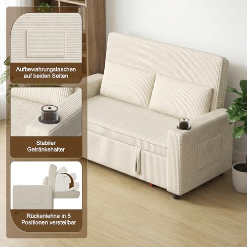Devoko 2-Sitzer Schlafsofa 140 cm breit, Modernes Sofa mit Schlaffunktion, Ausziehbare Schlafcouch mit Verstellbarer Rückenlehne, Platzsparendes Klappsofa für Wohnzimmer, Beige - 4