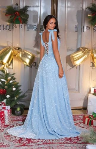 Spaghetti Straps Sparkly Sequin Prom Dresses 2025 Long Bow A-Line Formal Ball Gowns with Pockets RA0602