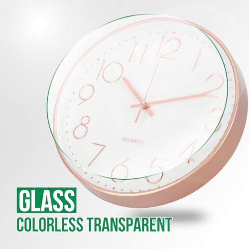 Image of Wall Clock Non-Ticking Silent Modern Simple Style Round Decor Clock Stereoscopic Dial Quartz Wall Clocks for Home /Office /School /Living Room /Bedroom /Kitchen (Rose Gold, 8inch)