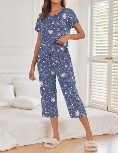 Ekouaer 2 Pack Womens Pajamas Sets Short Sleeve Tops and Capri Pants Pjs Colorful Printed Sleepwear Sets