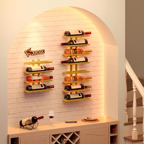 Image of Hoctieon 3-Set 8 Tier Wall Mount Wine Rack (24 Tiers), Wall Racks for Wine Bottles Display and Storage, Hanging Bottle Organizer for Living Room, Dining Room, Wine Cellar, Bar, Gold