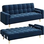Yaheetech Modern Velvet Sofa Bed 3 Seater Click Clack Sofa Settee Recliner Couch with Wooden Legs for Living Room/Guest Room/Office Blue