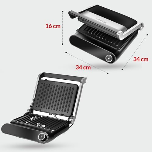 LEHMANN Grill kontaktowy, 2200 W, grill stołowy rozkładany 180° – powierzchnia grillowania do 1320 cm², zdejmowane płyty nieprzywierające, ekran dotykowy, 10 automatycznych programów i regulacja