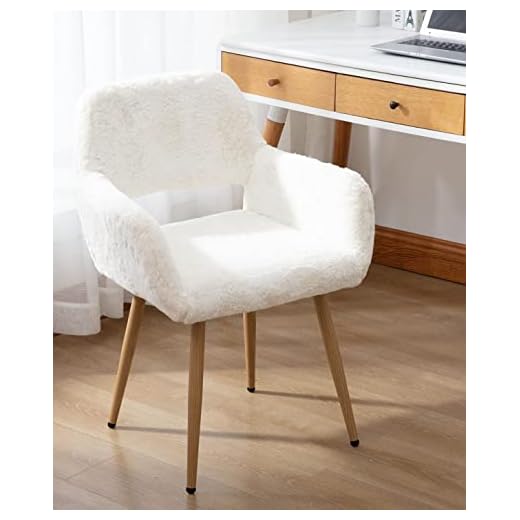 White Faux Fur Side Reception Chair, Vanity Chair Desk Chair Small Home Office Accent Chair Cute Chair with Wood Metal Legs for Bedroom Makeup Living Room