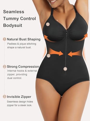 SHAPERX Women's Shapewear Bodysuit Tummy Control Seamless Zip-Up Body Shaper Waist Defining Body Suit,SZ5861-Black-XS