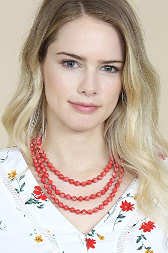 Bead Strand Versatile 60" Long Wrap Necklace - Handmade Knotted Multi Layer Sparkly Crystal, Semi Precious Natural Stone, Lava, Glass Faux Pearl (Natural Stone Bead - Imperial Jasper Mint Coral Red) #TOP4