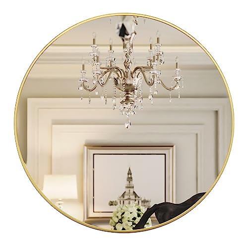 Gold Round Mirror, 24 inch Round Bathroom Mirror, Gold Circle Mirror for Bathroom, Wall Decor for Living Room, Entry Way, Bedroom, Metal Framed by Growsun - Used condition - US$37.61