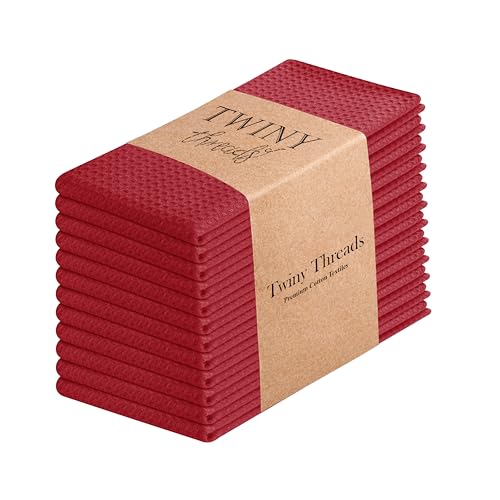 TWINY threads 12 Pc 100% Cotton Kitchen Towels, 16"x26", Absorbent, Red
