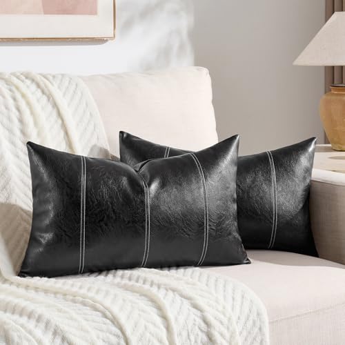 Fancy Homi 2 Packs Black Long Lumbar Faux Leather Decorative