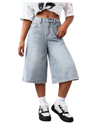 Floerns Girl's Summer Wide Leg Capris Jeans Elastic Waist Baggy Denim Pants with Pockets