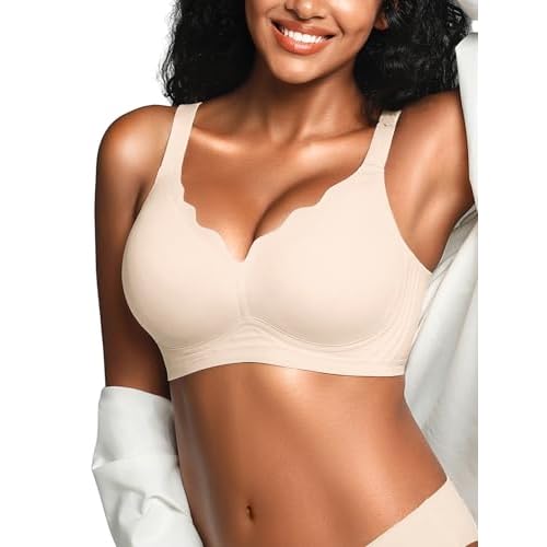 Wireless Jelly Bras for Women No Underwire with Support - S-2XL Seamless Bralettes Everyday Comfort Tshirt Padded Bra Beige X-Large