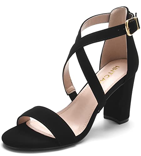 Hhtcal Sexy Cross Strappy Heels For Women Black Chunky Block High Heel Comfortable Buckle Round Open Toe Ankle Strap Heeled Sandals Party Bridesmaid Bride Wedding Shoes #TOP3