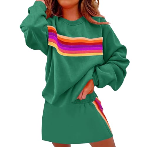 2 Piece Lounge Set for Women Rainbow Striped Sweatshirts Mini Skirts Color Blocked Suits Sweatsuits Loungewear