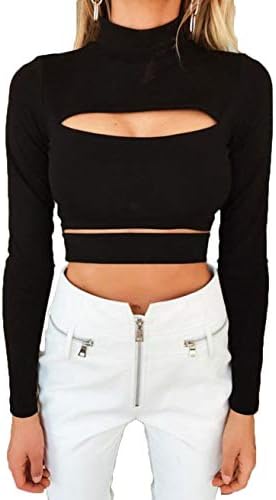 Womens Sexy Front Keyhole Cut Out Crop Top Turtleneck Slim Fit Long Sleeve Tee T-Shirt Clubwear