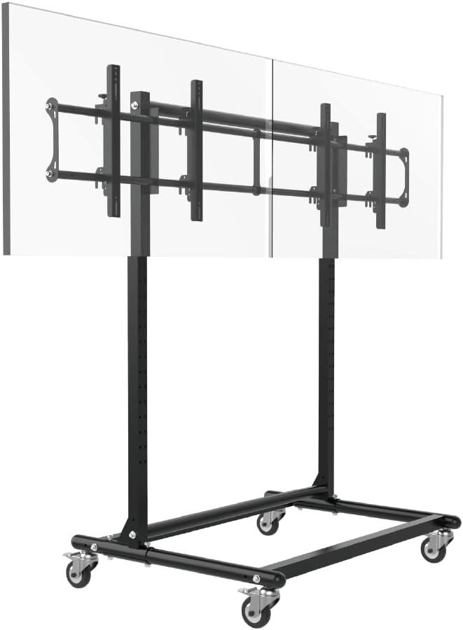 46-65" Mobile 2x1 Video Wall Mount System, Dual Screen Installation Bracket with Wheels, VESA 600x400