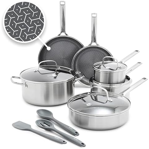 GreenPan Hybrid 13 Piece Nonstick Stainless Steel Cookware Set, APEX Tri-Ply Thermobond PFAS-Free Ceramic Pots & Pans, Induction & All Cooktop Compatible, Oven Temp to 850°F, Dishwasher Safe, Silver Cover