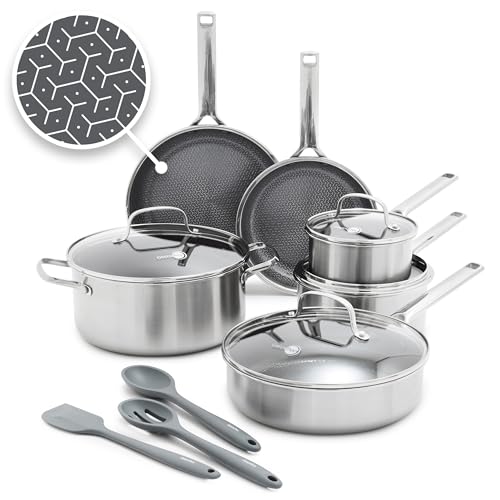 GreenPan Hybrid 13 Piece Nonstick Stainless Steel Cookware Set, APEX Tri-Ply Thermobond PFAS-Free Ceramic Pots & Pans, Induction & All Cooktop Compatible, Oven Temp to 850°F, Dishwasher Safe, Silver by GreenPan - Used condition - US$350.26