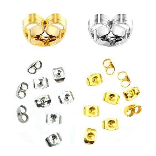 SYEYCW 100 Pièces Fermoirs de Boucles d'oreilles, Attache Boucles d'oreilles, 304 Boucle d'oreille en Acier Inoxydable Dos Écrou, Or et Argenté Couleur pour la Fabrication des Boucles d'oreilles