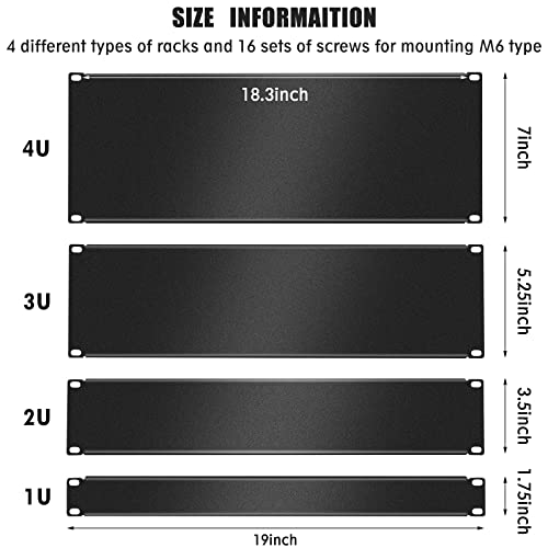 4 Pack 1U/2U/3U/4U Blank Panel 1U Blanking Panel Metal Disassembled Blank Panel Rack Mount Filler Panel For Server Rack Enclosure Or Network Cabinet, Black, 4 Size #TOP1