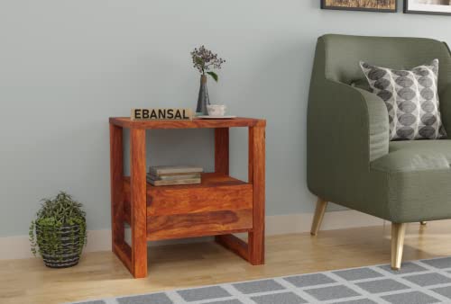 Image of Wooden Bedside Table for Bedroom | Nightstand Side Table with Drawers & Self Storage for Living Room | Sheesham Wood, Natural Honey