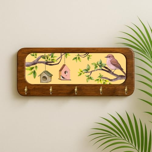 Image of Stylish Wooden Key Holder for Wall | Cute Key Holder for Home Decor | Key Holder Stand with 5 Hooks | Wall Mounted Key Hanger| (Bird Yellow Keyholder)