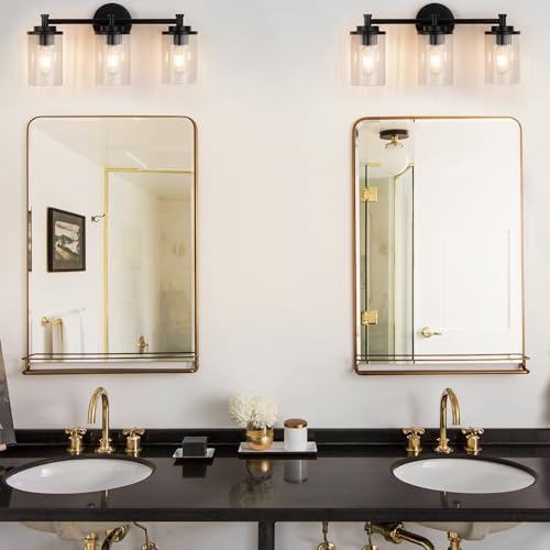 Image of 3-Light Bathroom Light Fixtures, Black Vanity Light with Clear Glass Shade, Modern Bathroom Lighting Fixtures Over Mirror, 19 inch Bathroom Vanity Light for Mirror Bedroom Hallway