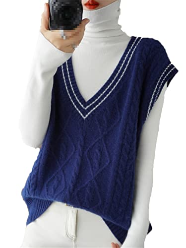 SGeneE Women Sweater Vests Wool Cable Knitted V-Neck Cashmere Pullover