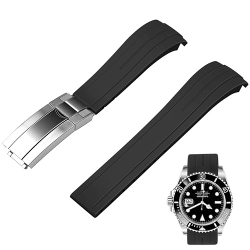 Juntan 22mm Curved End Rubber Watch Strap, Tapered Silicone Curved Replacement Watch Band Black for Men Women with Classic Diving Buckle