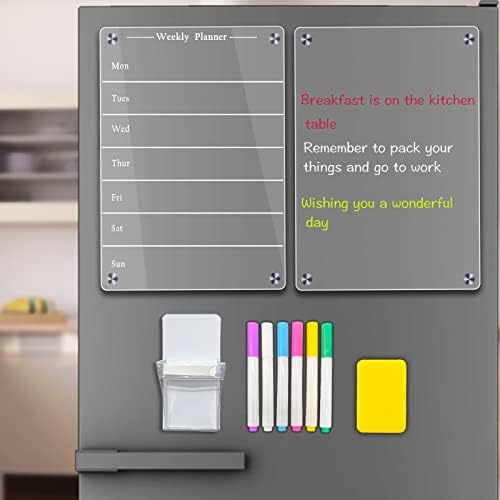 Todkoding 2 PCS 9"x13" Clear Weekly Meal Planner Magnetic Acrylic Board,Acrylic Magnetic Dry Erase Board for Fridge, Magnet Week Calendar for Refrigerator Includes 6 Colors Markers and Pen Container1