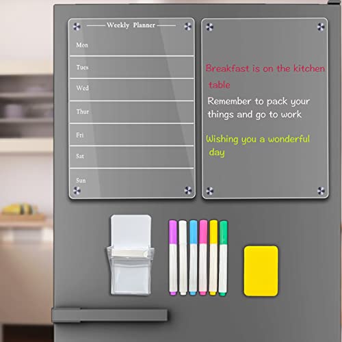 Todkoding 2 Pcs 9"X13" Clear Weekly Meal Planner Magnetic Acrylic Board,Acrylic Magnetic Dry Erase Board For Fridge, Magnet Week Calendar For Refrigerator Includes 6 Colors Markers And Pen Container1 #TOP2