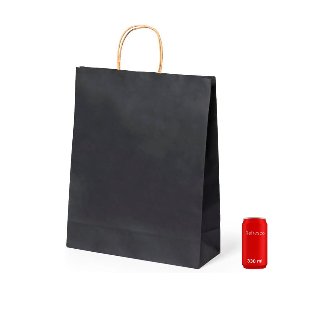 Deliex delicias de Extremadura. 200 Bolsas para regalos de papel kraft Negras con asas en diferentes tamaños, bolsas muy útiles para tiendas y comercios (32 x 39,5 x 12 cm Negras, 200 Bolsas)