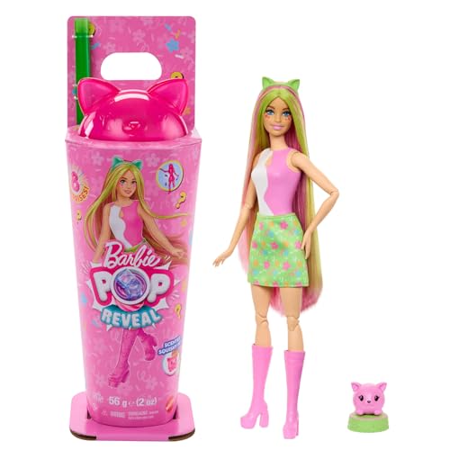 Barbie Pop Reveal Colección Batidos Conejito brillante Muñeca y accesorios, muñeca de moda perfumada, mascota perfumada y 8 sorpresas, incluye cambio de color, JCN88
