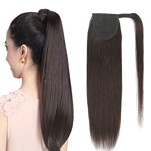 Ponytail Extension Human Hair Clip in Wrap Around Ponytail Hair Extension 80g Remy Human Hair Ponytail Extension Straight for Women (16" 80g, #2 Dark Brown)