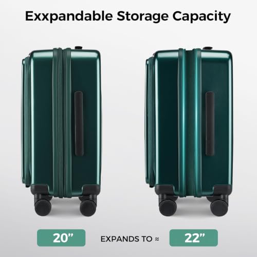 Image of Carry on Luggage Top opening Suitcases, Expandable with Cup&Phone Holder and USB Charging Port,Hardside with Front Pocket Rolling Suitcases with Spinner Wheels&YKK Zippers(Dark Green, 20 Inch)