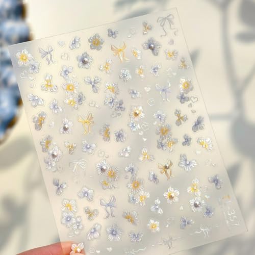 Image of Flower Nail Stickers Decals Holographic Floral Nail Decals 5D Embossed Self Adhesive with Pearl Design for Women DIY Manicure Charms Supply Decoration