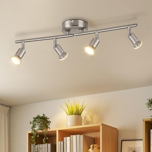 Ketom Plafonnier LED 4 Spots Nickel, GU10 Pivotants Plafonnier Industriel Moderne, Luminaire Spot Plafond Intérieur pour Cuisine, Chambre, Salon, Couloir,...