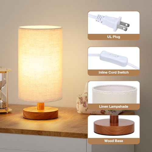 Image of Fenmzee Small Table Lamp for Bedroom - Inline Control, Bedside Lamp with 3000K A15 LED Blub, Easy Assembly (Beige Shade - Walnut Base, 9 inch Inline Control)