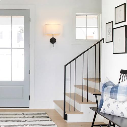 Image of Yosoan Fabric Wall Sconce Brass Vintage Indoor Bedside Wall Lamp Fixture | Industrial Hardwired Boho Semi Circular with White Half Moon Shade for Reading Bedroom Living Room(Black)