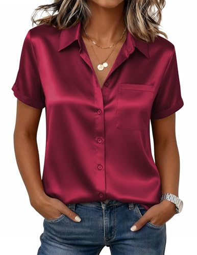 Zeagoo Womens Tops Short Sleeve Satin Silk Button Down Shirts Casual Business Blouses Spring Clothes Wine Red