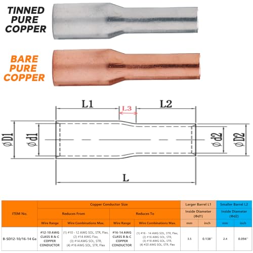 20PCS 12-10 to 16-14 Gauge Step Down Butt Connectors – Non-Insulated Reducing Crimp Butt Splices,Heavy Duty Bare Pure Copper for Strong Crimps & High Conductivity, with 3:1 Adhesive Lined Heat Shrinks