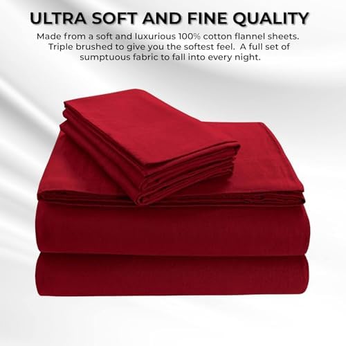 Tribeca Living King Luxury Solid Flannel Generous Size Flat Sheet, Deep Red - Thumbnail 2